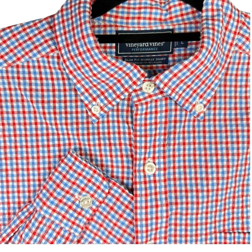 Vineyard Vines Men's Slim Fit Murray Shirt Red Blue Checkered Performance Large